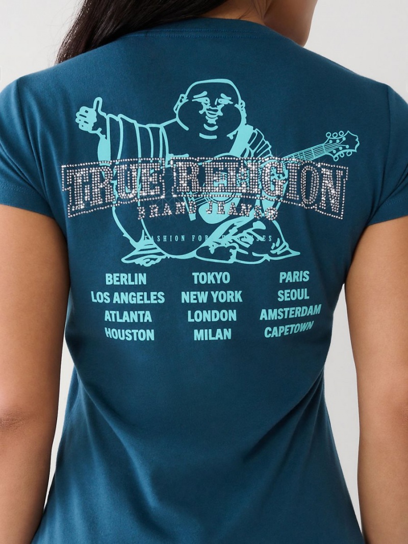 Petrol Blue True Religion Crystal Buddha V T Shirts | 5278-RLYZC