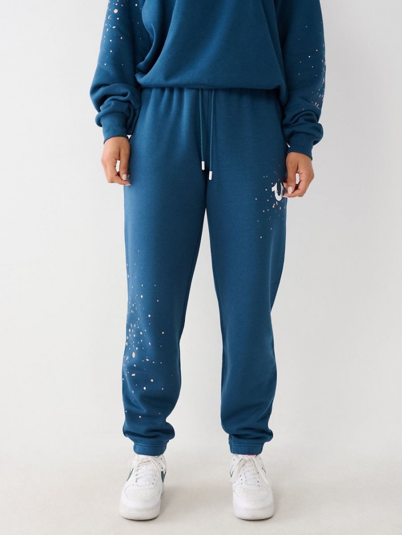 Petrol Blue True Religion Splatter Paint Logo Relaxed Jogger | 8641-HJVUB