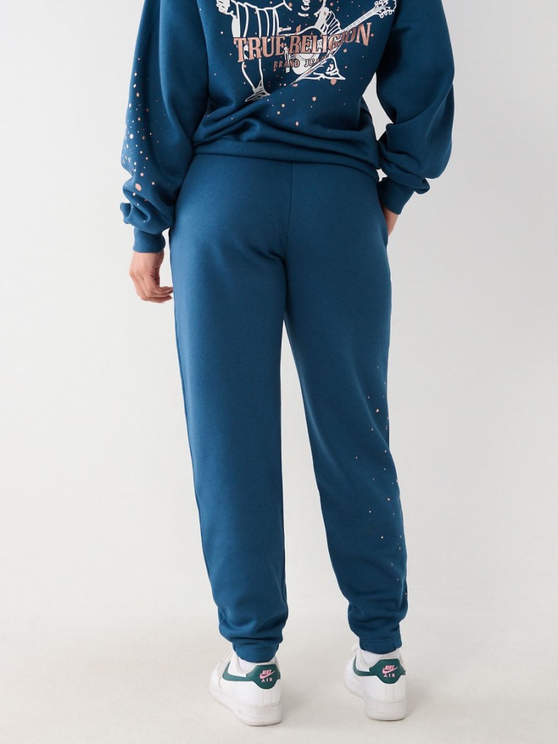 Petrol Blue True Religion Splatter Paint Logo Relaxed Jogger | 8641-HJVUB