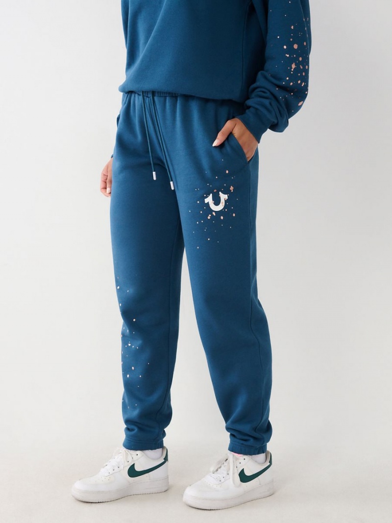 Petrol Blue True Religion Splatter Paint Logo Relaxed Jogger | 8641-HJVUB