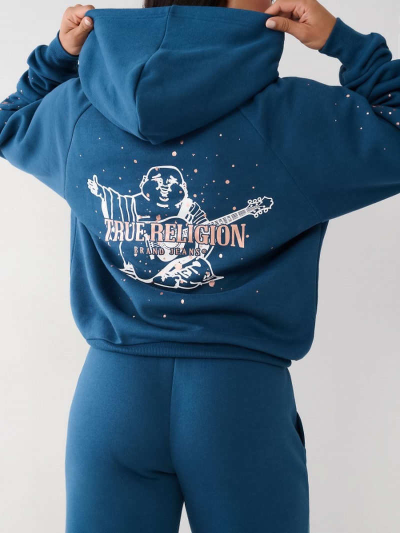 Petrol Blue True Religion Splatter Paint Logo Relaxed Hoodie | 3571-DPARB