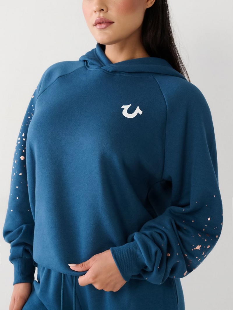 Petrol Blue True Religion Splatter Paint Logo Relaxed Hoodie | 3571-DPARB