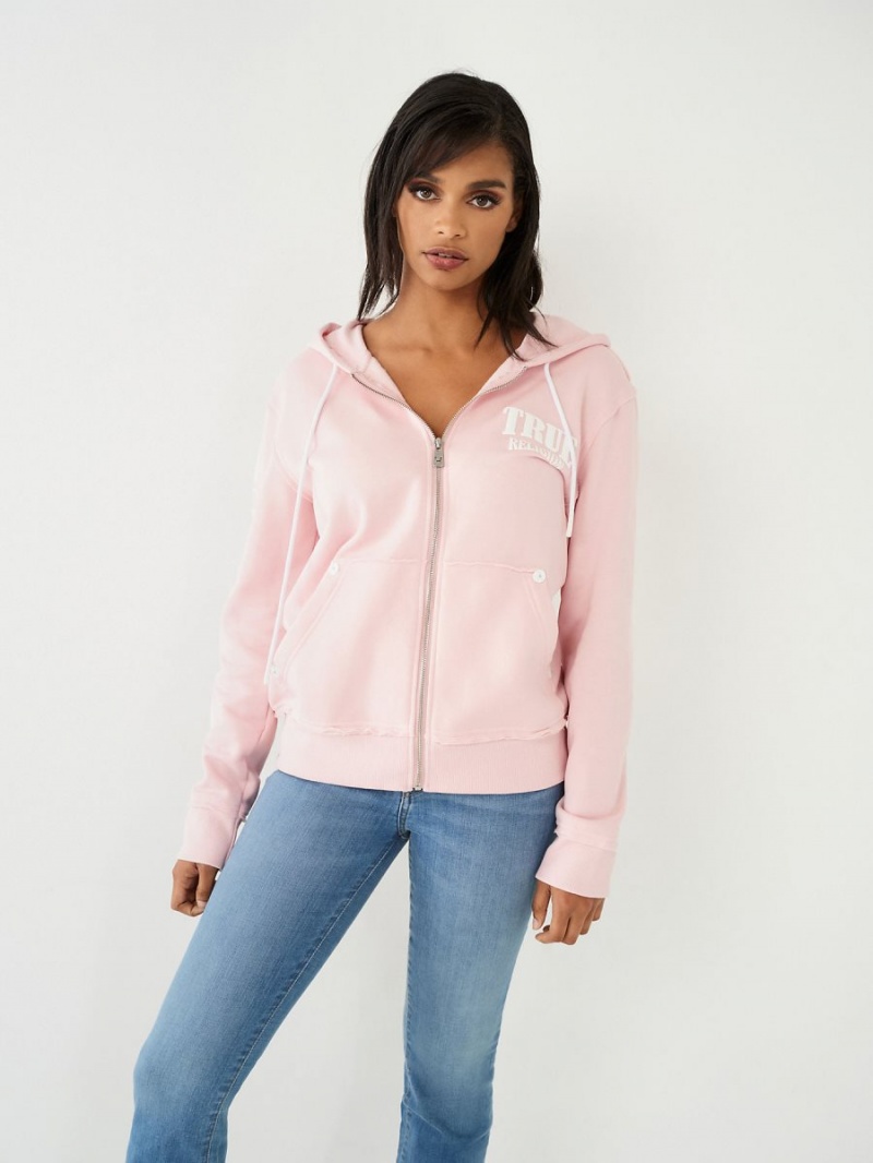 Pink True Religion Relaxed Zip Hoodie | 7546-TABFZ