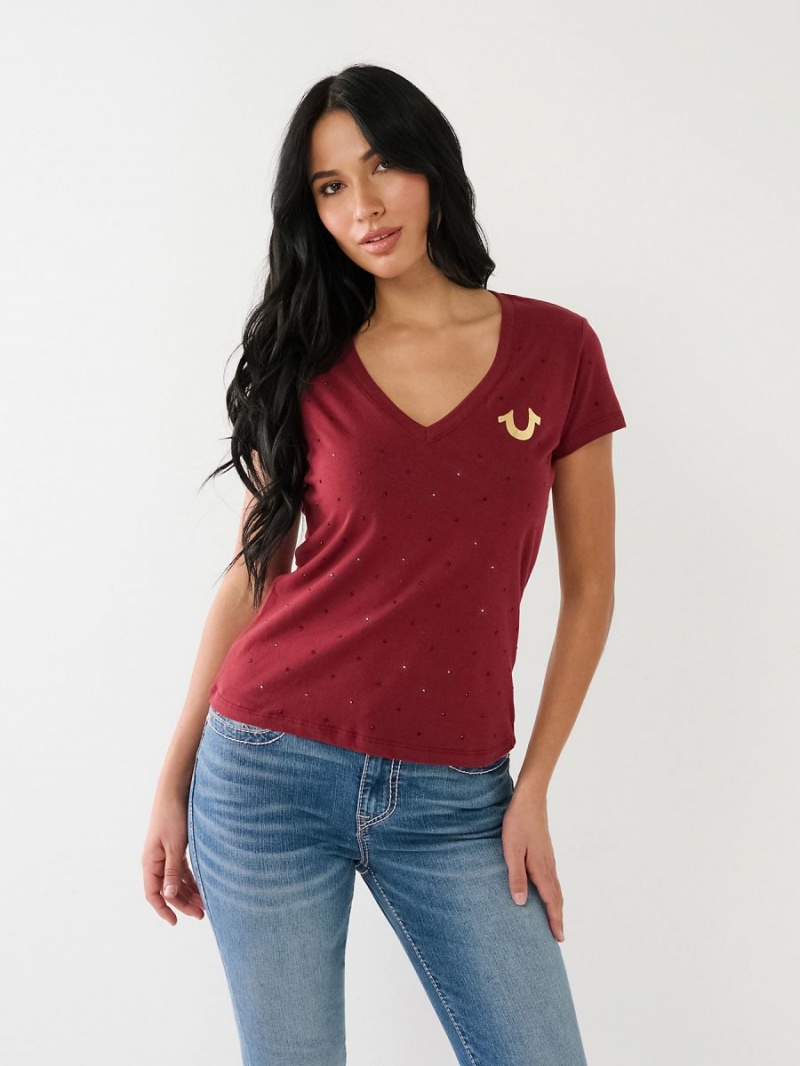 Redwood True Religion Crystal Horseshoe Logo V Neck T Shirts | 2769-OANYK