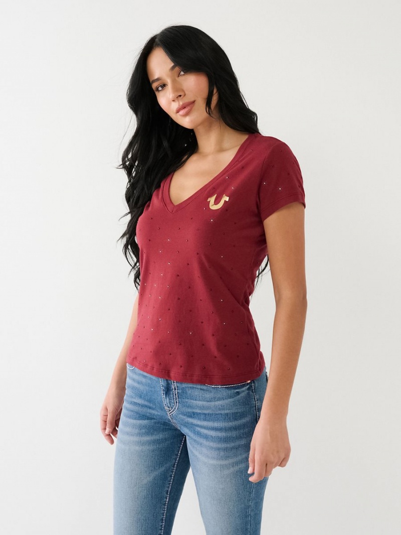 Redwood True Religion Crystal Horseshoe Logo V Neck T Shirts | 2769-OANYK