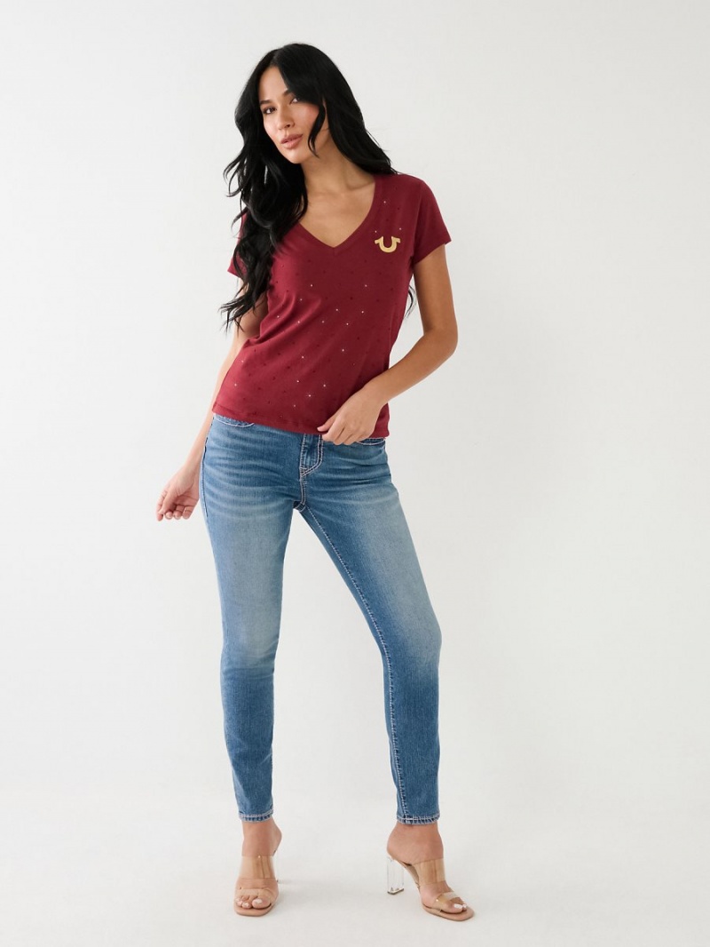 Redwood True Religion Crystal Horseshoe Logo V Neck T Shirts | 2769-OANYK