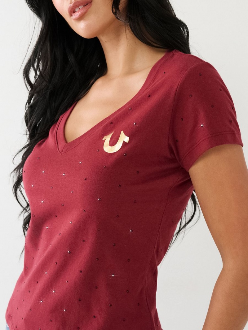 Redwood True Religion Crystal Horseshoe Logo V Neck T Shirts | 2769-OANYK