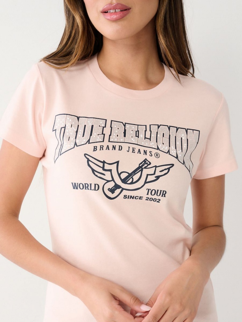 Rose True Religion Crystal Logo T Shirts | 0698-HEOZY