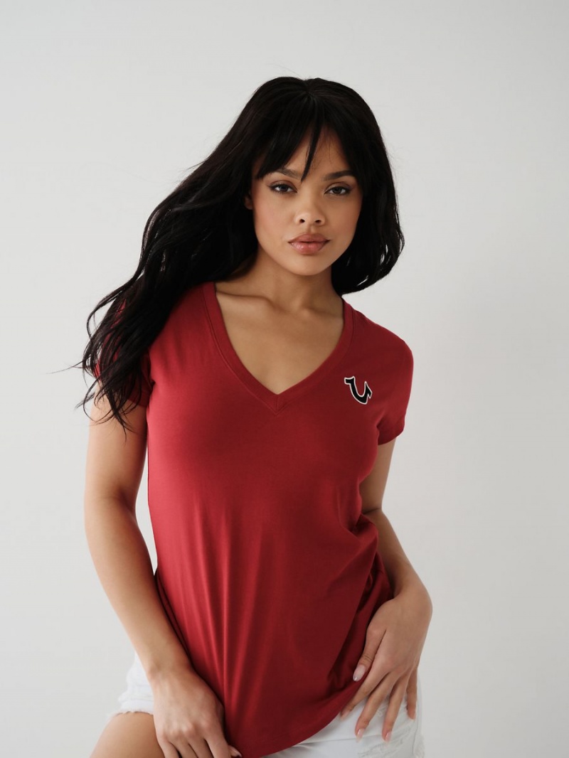 Ruby Red True Religion Buddha Logo V T Shirts | 2319-DCORY