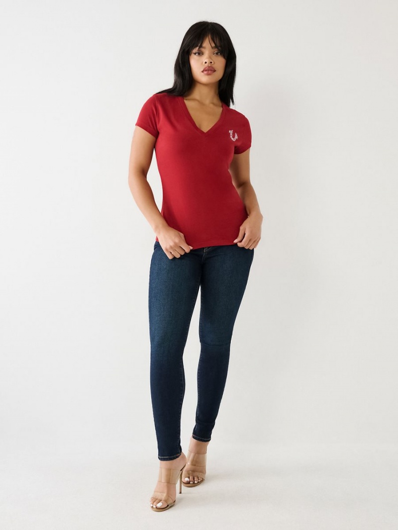 Ruby Red True Religion Crystal Buddha V T Shirts | 4758-YFBZJ