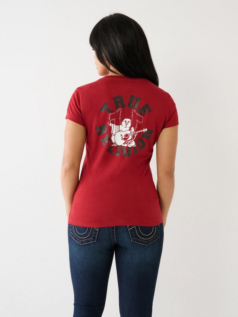 Ruby Red True Religion Crystal Buddha V T Shirts | 4758-YFBZJ