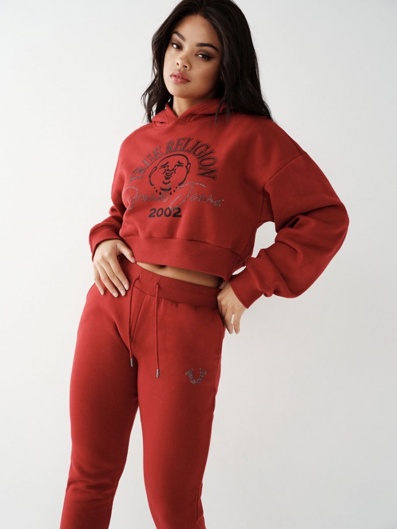 Ruby Red True Religion Crystal Crop Hoodie | 9846-AEZSO