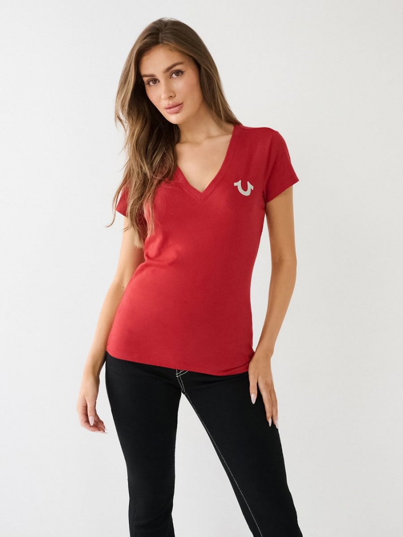 Ruby Red True Religion Crystal Horseshoe Logo V Neck T Shirts | 2348-NPFOU