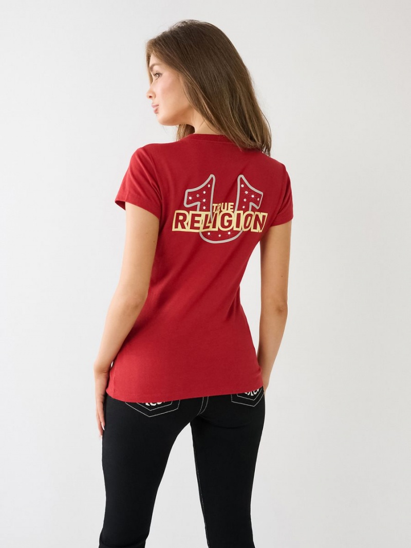 Ruby Red True Religion Crystal Horseshoe Logo V Neck T Shirts | 2348-NPFOU