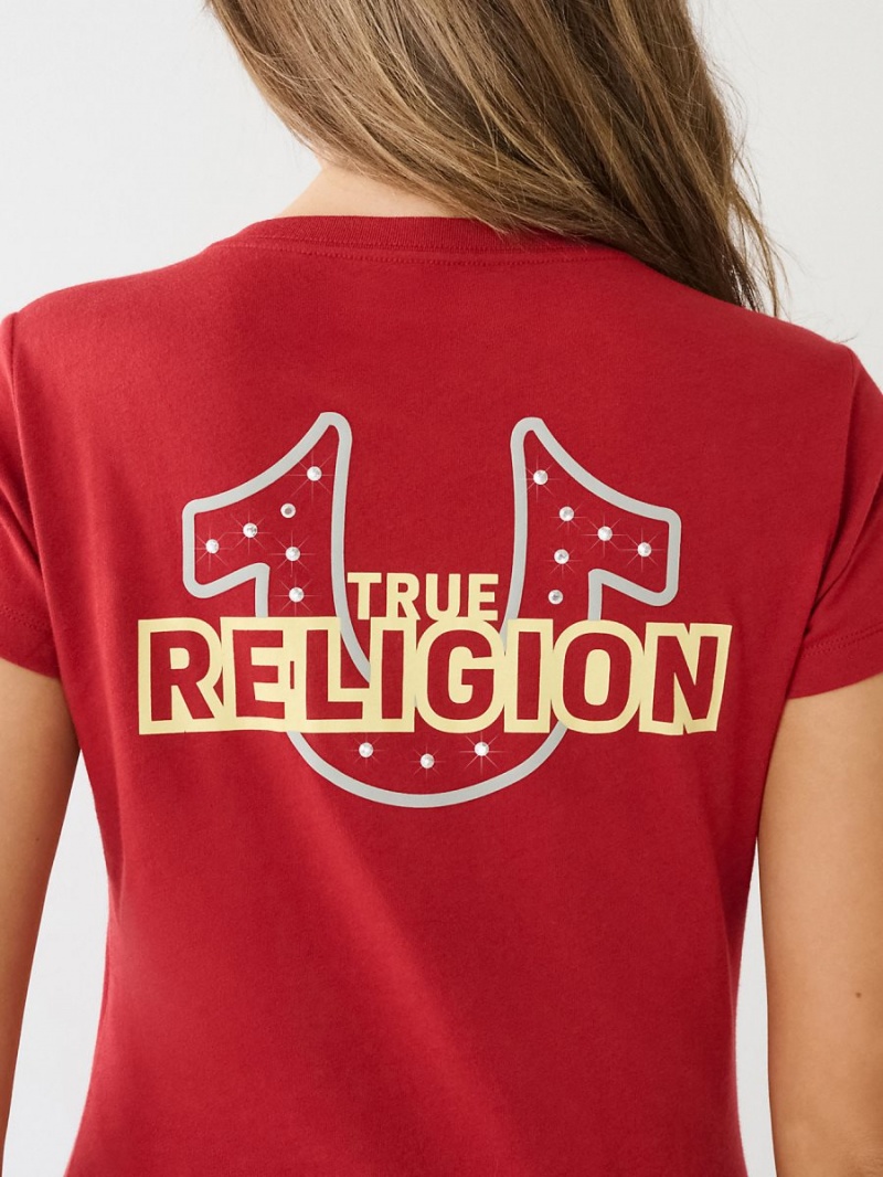 Ruby Red True Religion Crystal Horseshoe Logo V Neck T Shirts | 2348-NPFOU