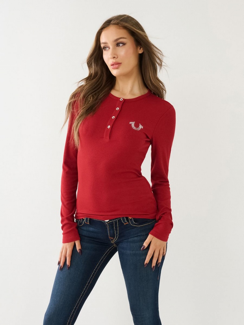 Ruby Red True Religion Crystal Horseshoe Logo Henley Shirts | 1345-HTEVL