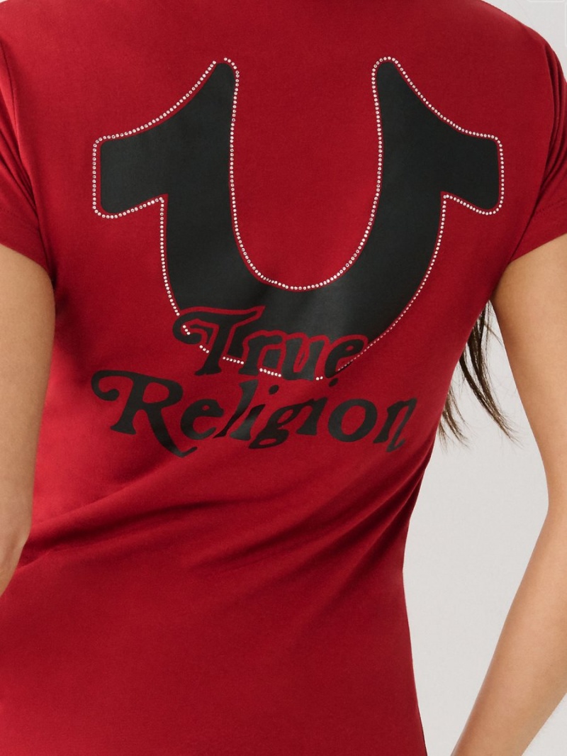 Ruby Red True Religion Crystal Horseshoe V T Shirts | 6514-TNRBQ