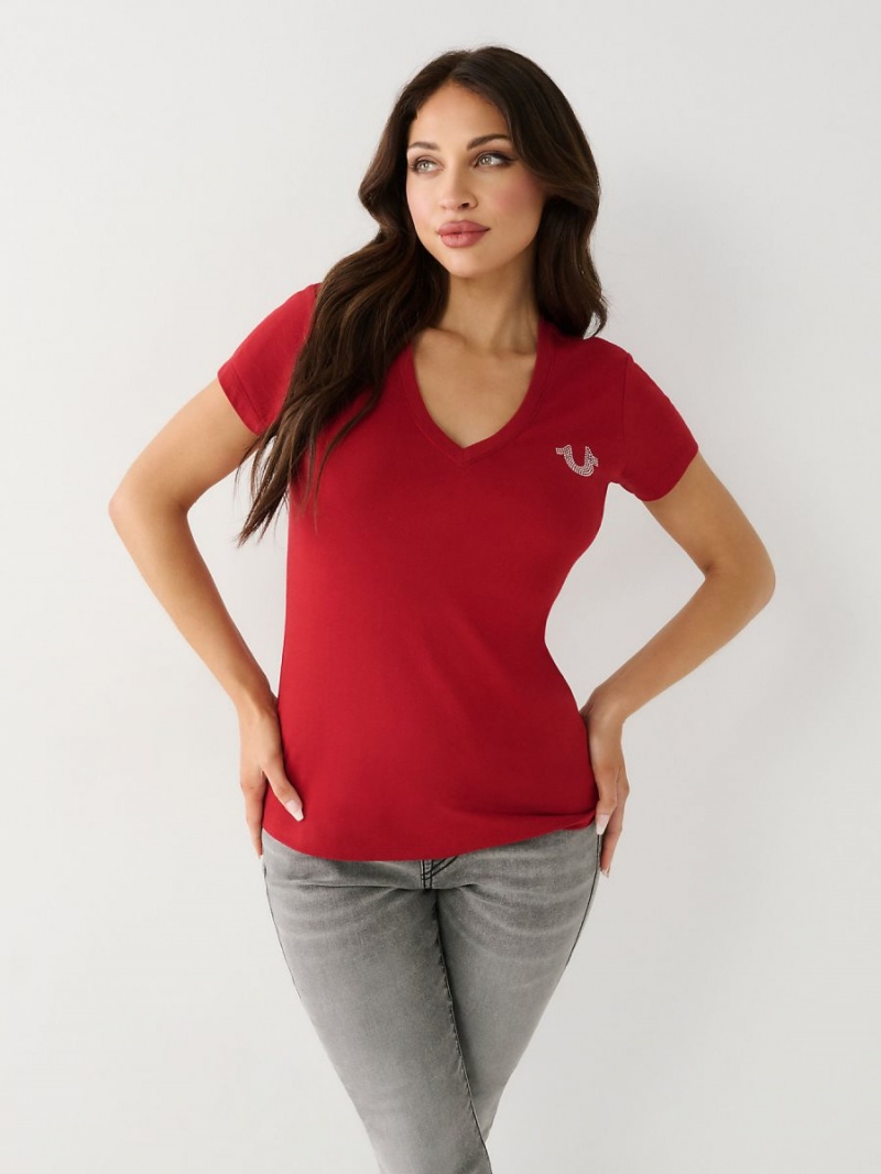 Ruby Red True Religion Crystal Horseshoe V T Shirts | 6514-TNRBQ