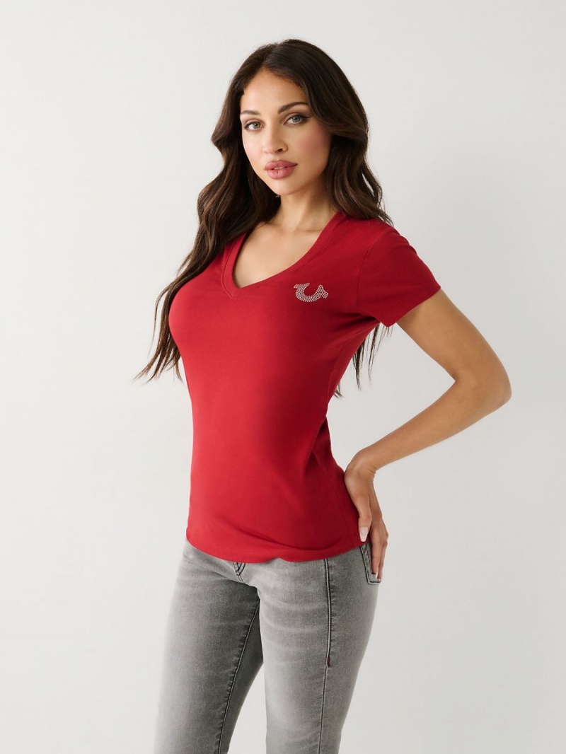 Ruby Red True Religion Crystal Horseshoe V T Shirts | 6514-TNRBQ