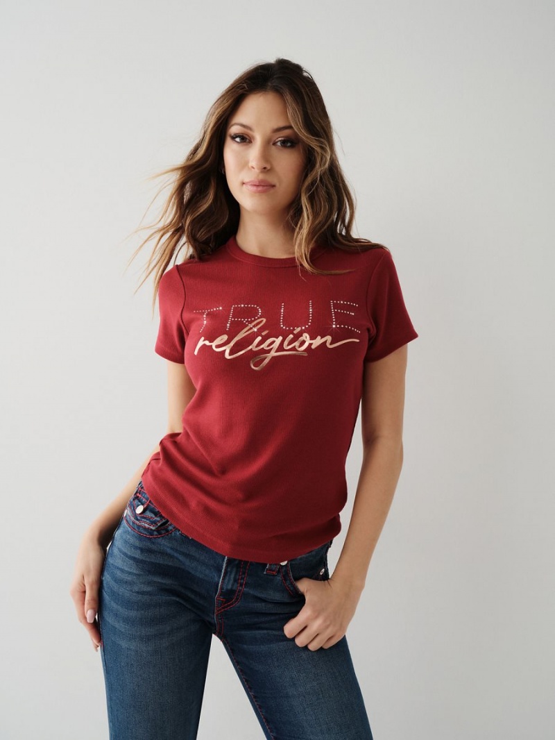 Ruby Red True Religion Crystal Logo T Shirts | 8104-PAWGX