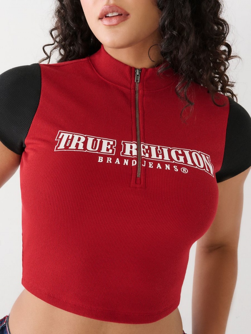 Ruby Red True Religion Half Zip Crop Top | 2819-JYCUH