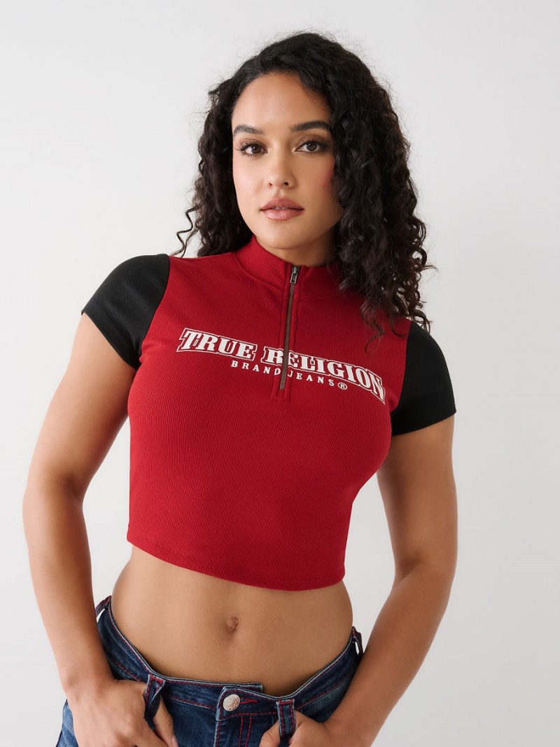 Ruby Red True Religion Half Zip Crop Top | 2819-JYCUH