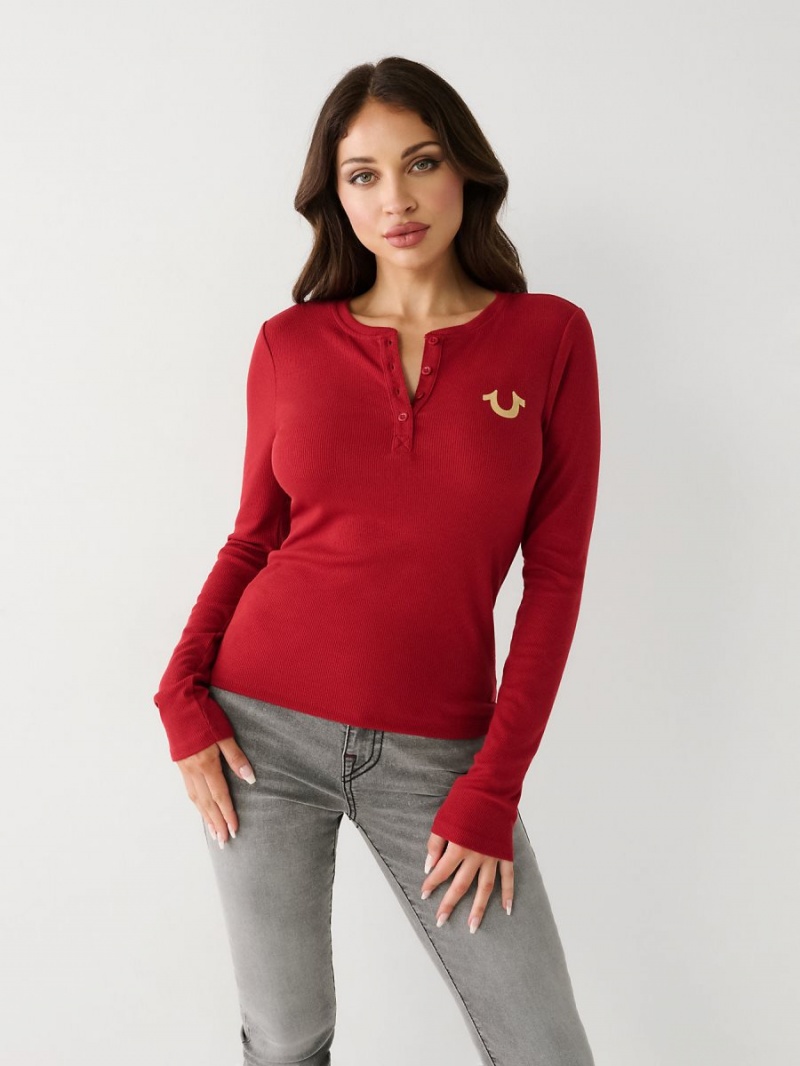 Ruby Red True Religion Henley Shirts | 6409-HLDIU