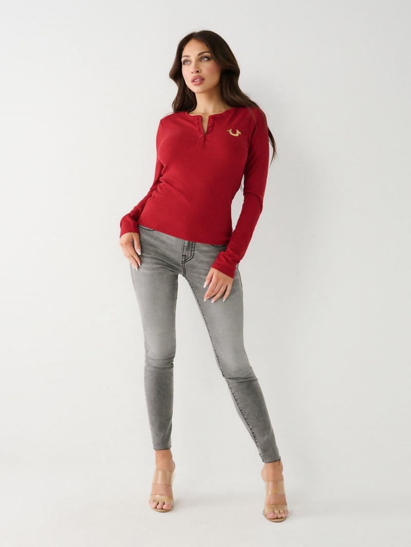 Ruby Red True Religion Henley Shirts | 6409-HLDIU