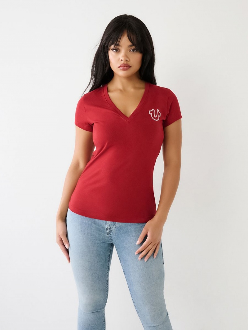 Ruby Red True Religion Horseshoe Logo V T Shirts | 2095-QRICE