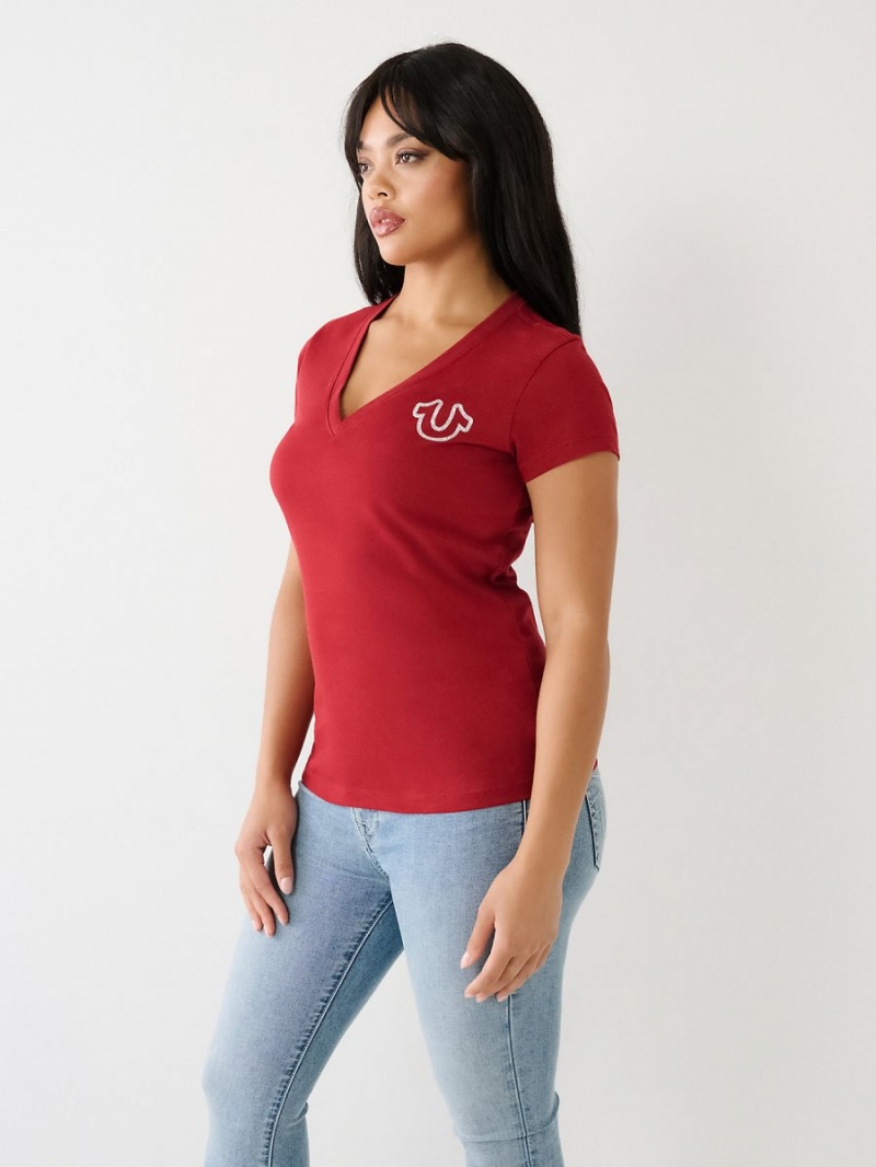 Ruby Red True Religion Horseshoe Logo V T Shirts | 2095-QRICE