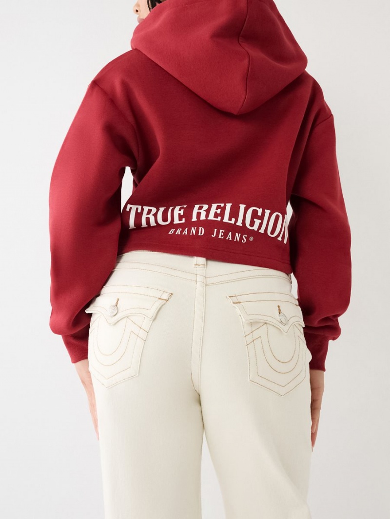 Ruby Red True Religion Lace Up Logo Crop Hoodie | 4902-WLOXG