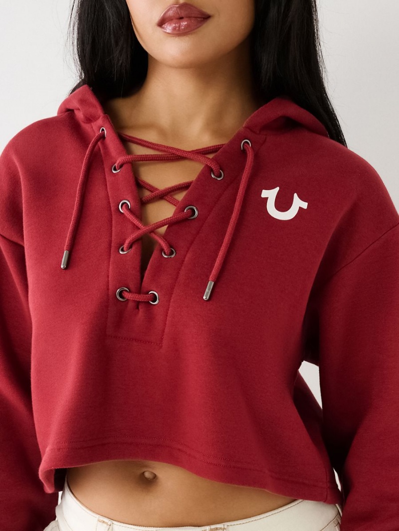 Ruby Red True Religion Lace Up Logo Crop Hoodie | 4902-WLOXG