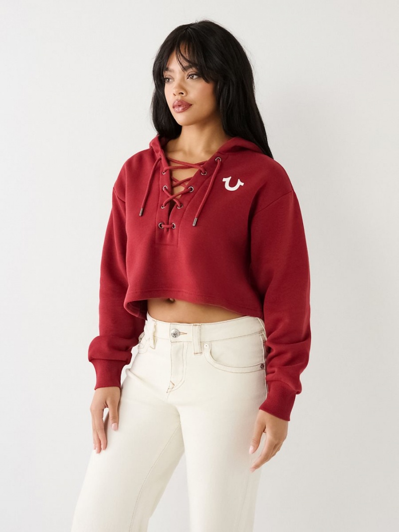 Ruby Red True Religion Lace Up Logo Crop Hoodie | 4902-WLOXG