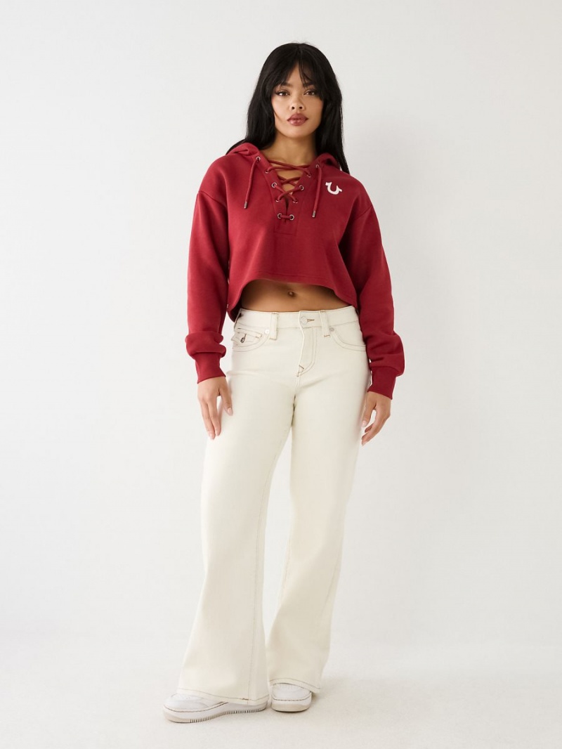 Ruby Red True Religion Lace Up Logo Crop Hoodie | 4902-WLOXG