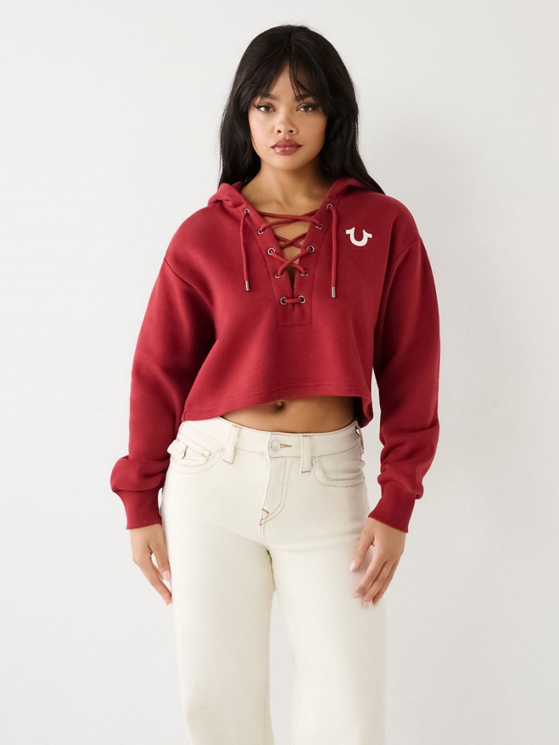 Ruby Red True Religion Lace Up Logo Crop Hoodie | 4902-WLOXG