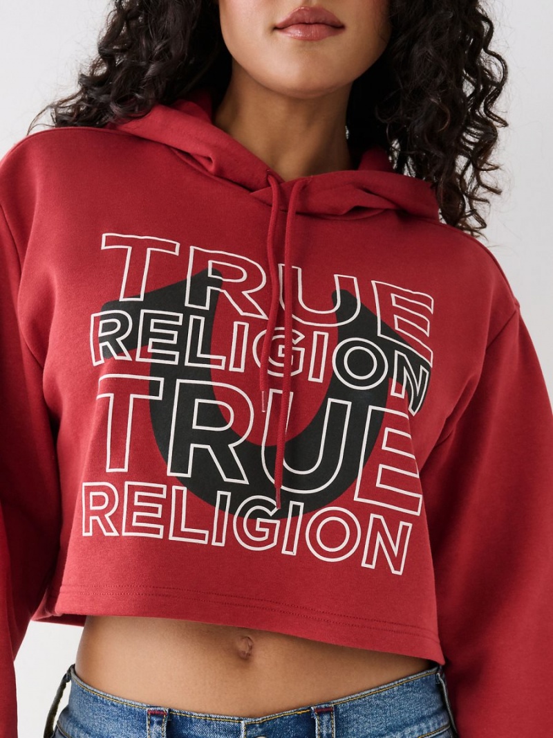 Ruby Red True Religion Logo Crop Hoodie | 4105-FRISB