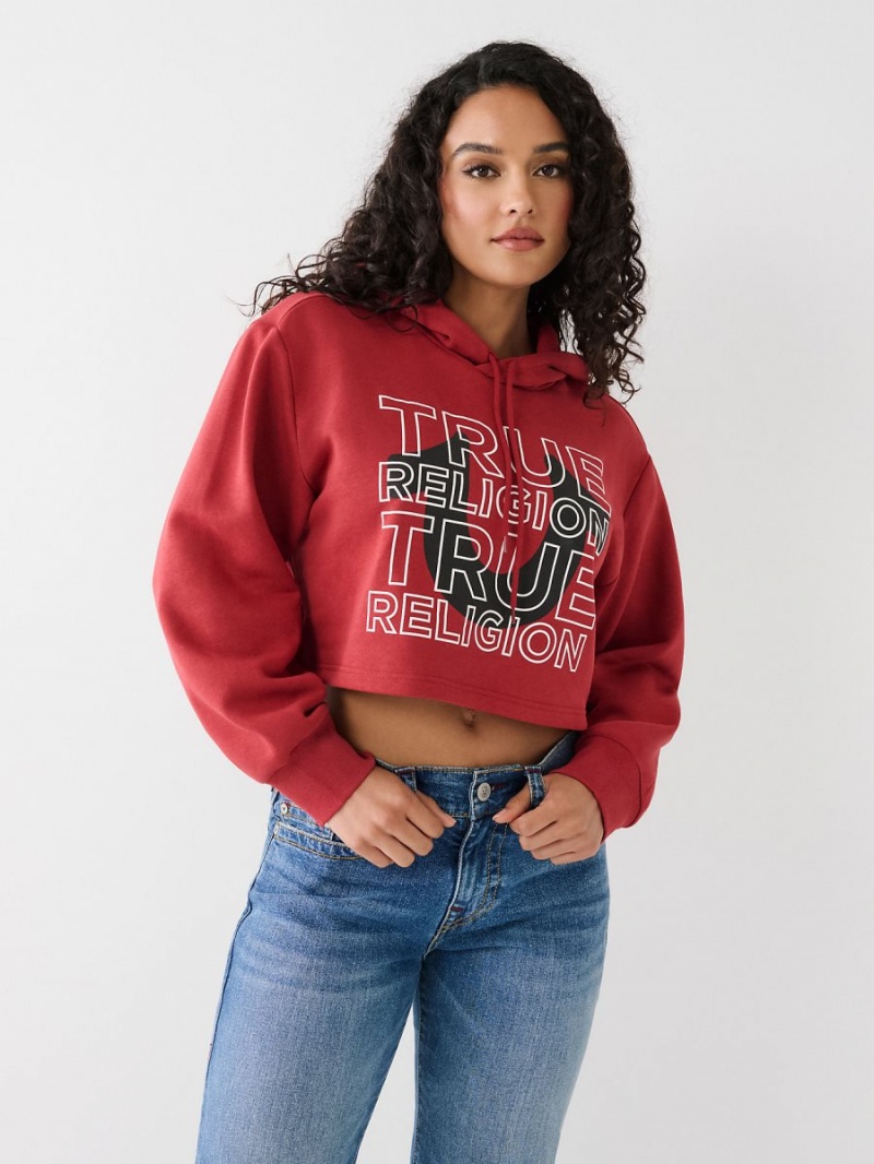 Ruby Red True Religion Logo Crop Hoodie | 4105-FRISB