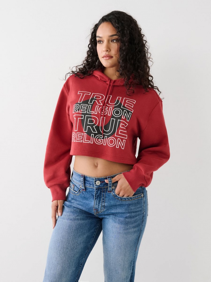 Ruby Red True Religion Logo Crop Hoodie | 4105-FRISB