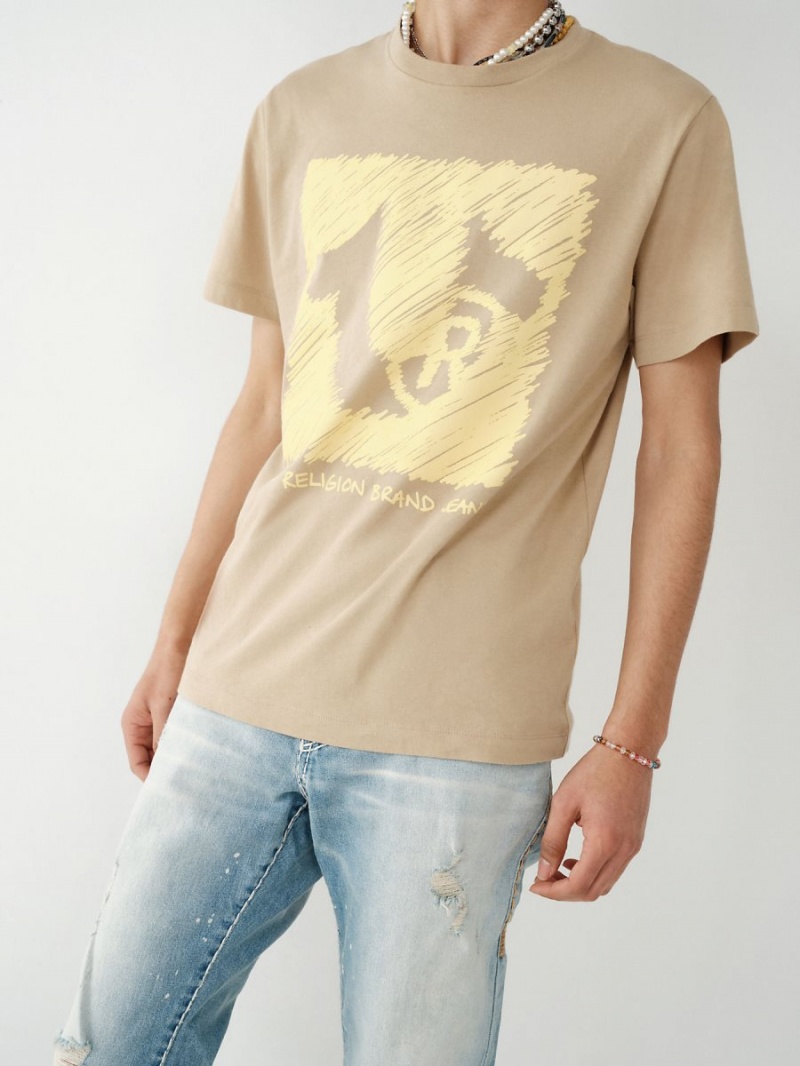 Scuffed Beige True Religion Horseshoe Logo T Shirts | 3124-IBOCZ