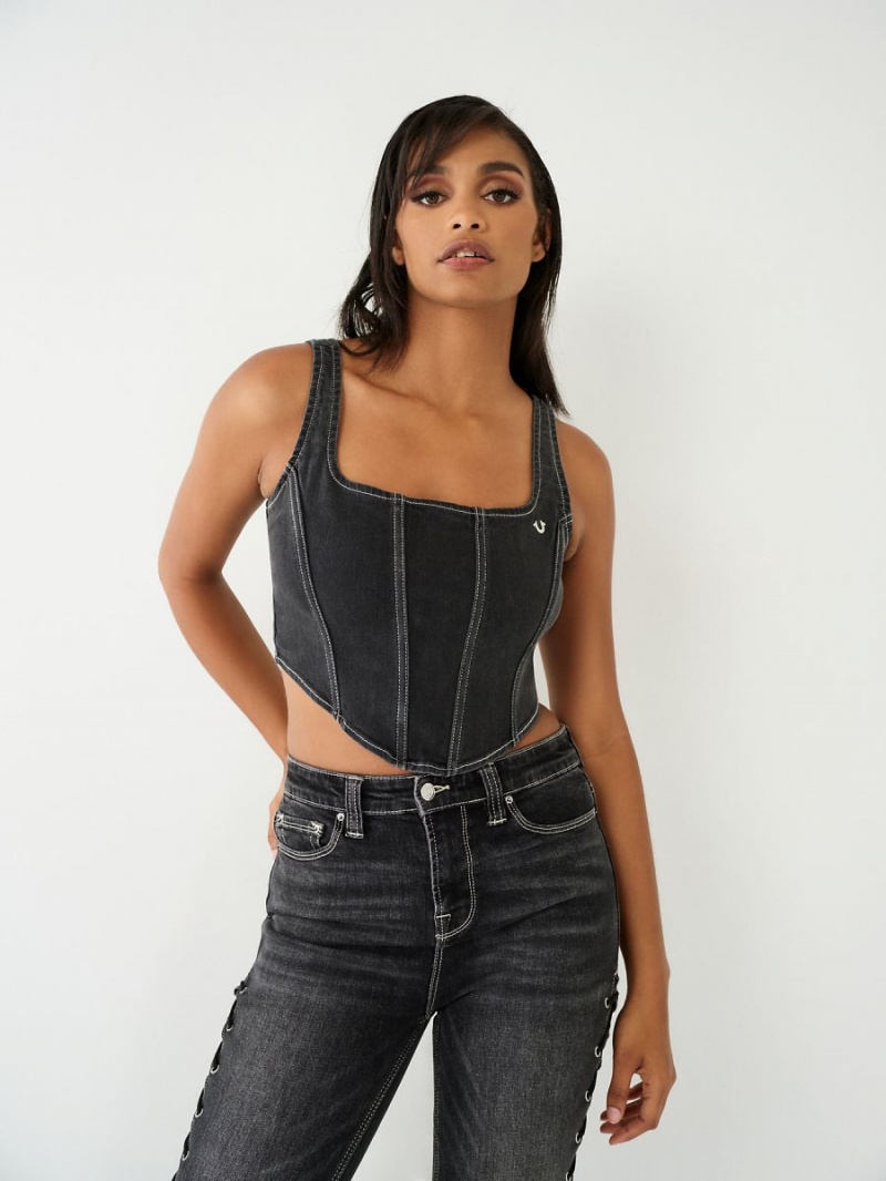 Washed Black True Religion Lace Up Denim Corset Top | 1647-MXVIL