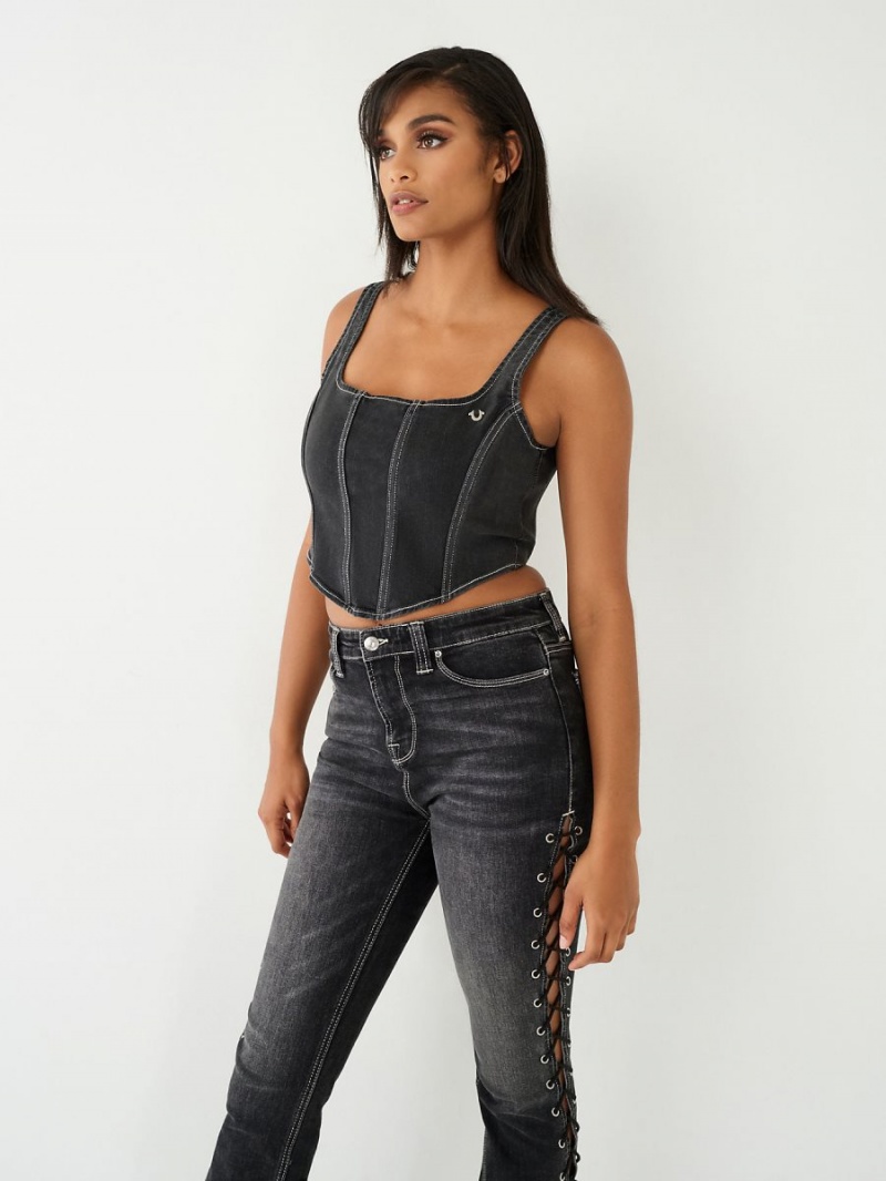 Washed Black True Religion Lace Up Denim Corset Top | 1647-MXVIL