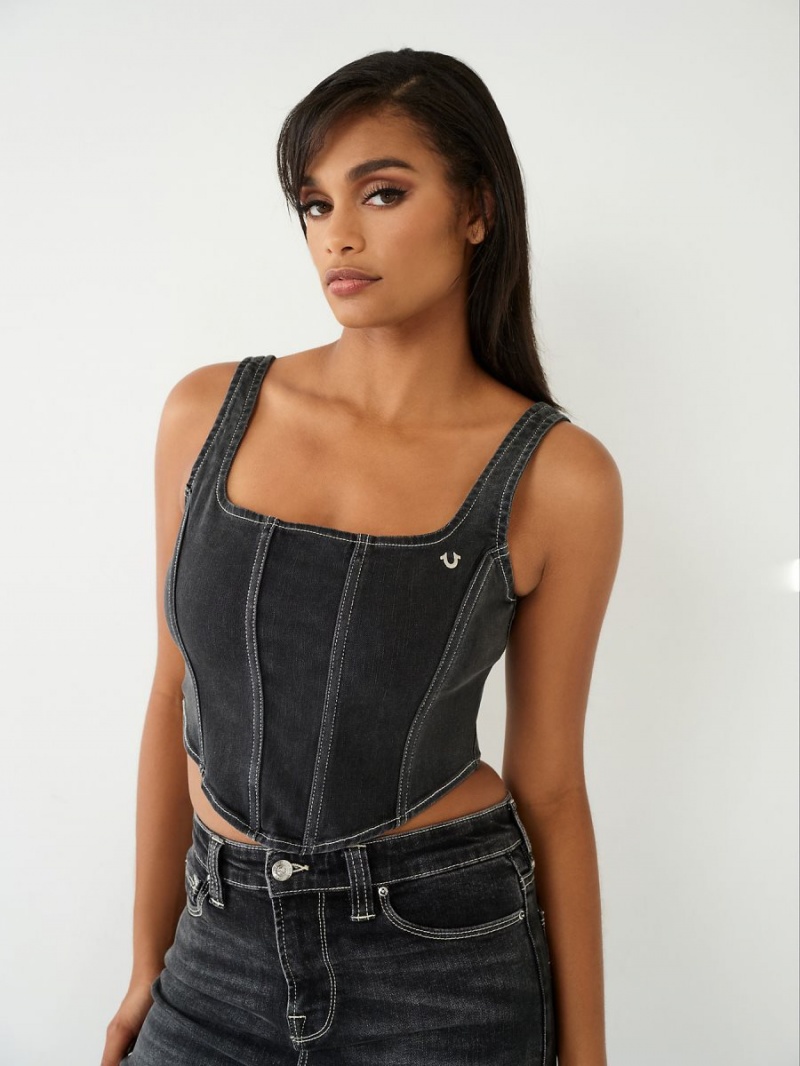 Washed Black True Religion Lace Up Denim Corset Top | 1647-MXVIL