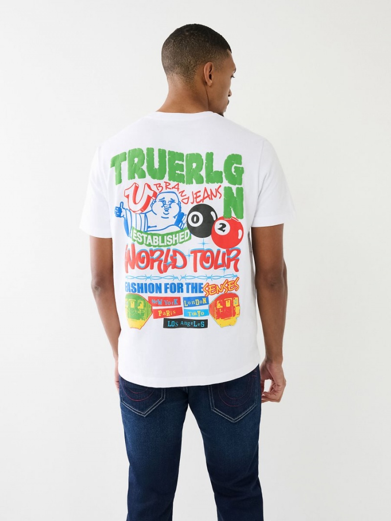 White True Religion Billiard Buddha Logo T Shirts | 8351-MISAX