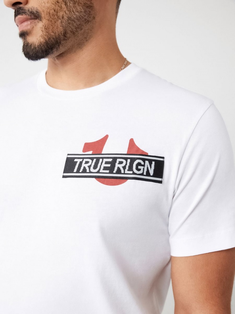 White True Religion Buddha Logo Rlgn Tape T Shirts | 9123-BXVLU