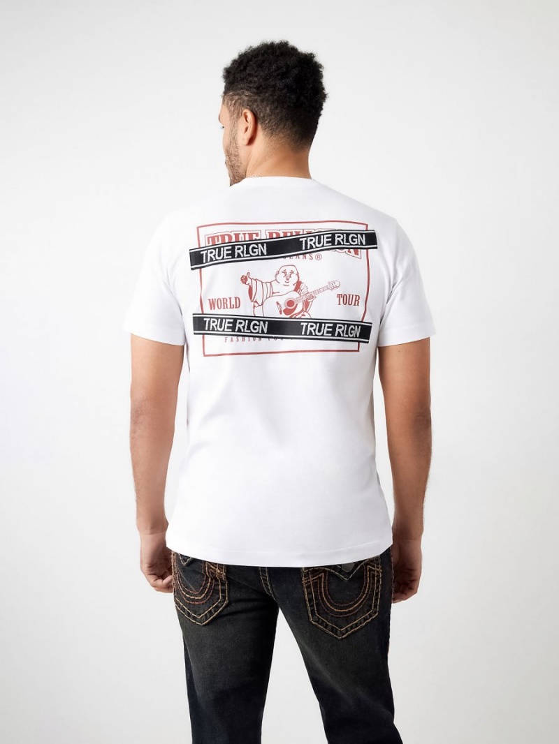 White True Religion Buddha Logo Rlgn Tape T Shirts | 9123-BXVLU