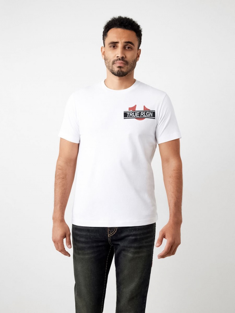 White True Religion Buddha Logo Rlgn Tape T Shirts | 9123-BXVLU