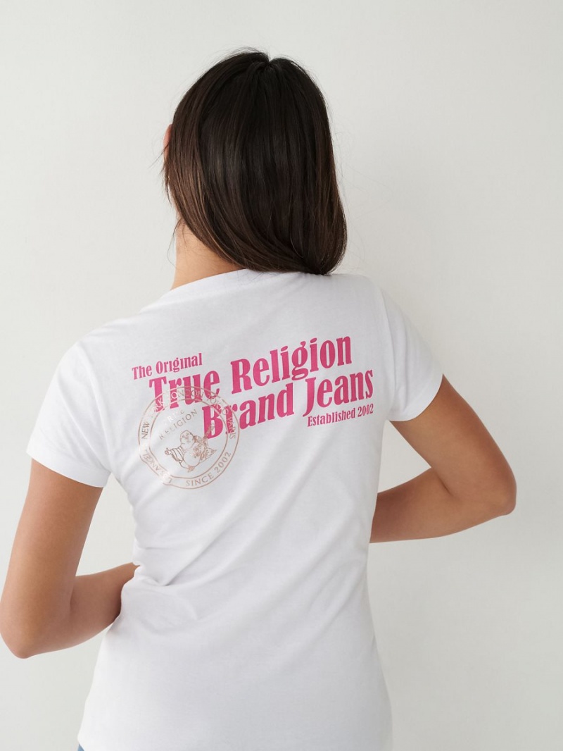 White True Religion Buddha Logo V T Shirts | 7238-EGTNR