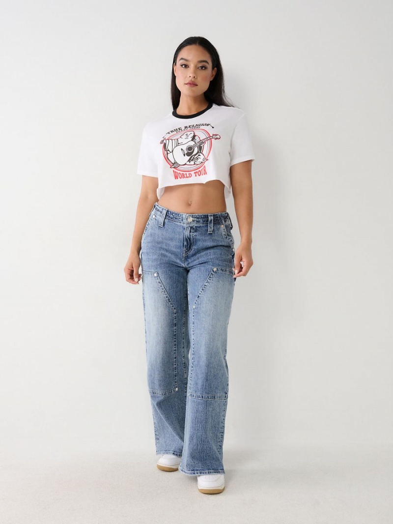 White True Religion Buddha Ringer Crop T Shirts | 9245-SZDGI