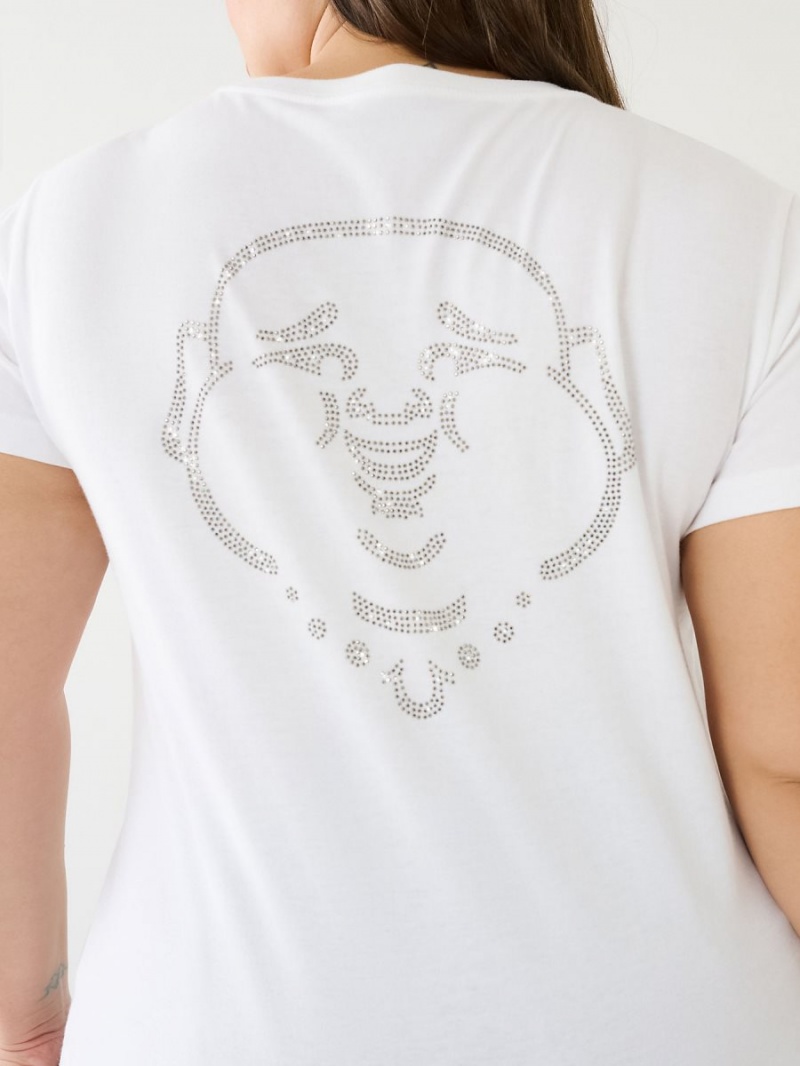 White True Religion Crystal Buddha Logo V Neck T Shirts | 8759-HBEFR