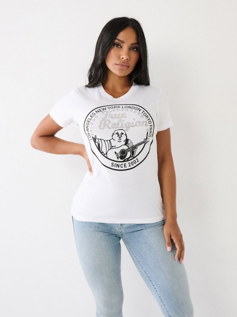 White True Religion Crystal Buddha T Shirts | 2910-LPMKE